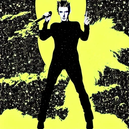 Prompt: vector art solarized screenprint of trent reznor as david bowie as dream of the endless ( sandman ) by brian bolland and andy warhol