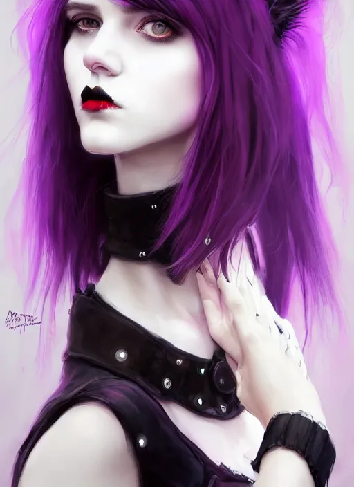 Image similar to portrait of white teenage girl, normal face, black bangs, mall goth, cyberlox, black and white hair, bangs, fluffy bangs, red contacts, purple lipstick, intricate, elegant, highly detailed, digital painting, artstation, concept art, sharp focus, smooth, illustration, art by wlop, mars ravelo and greg rutkowski