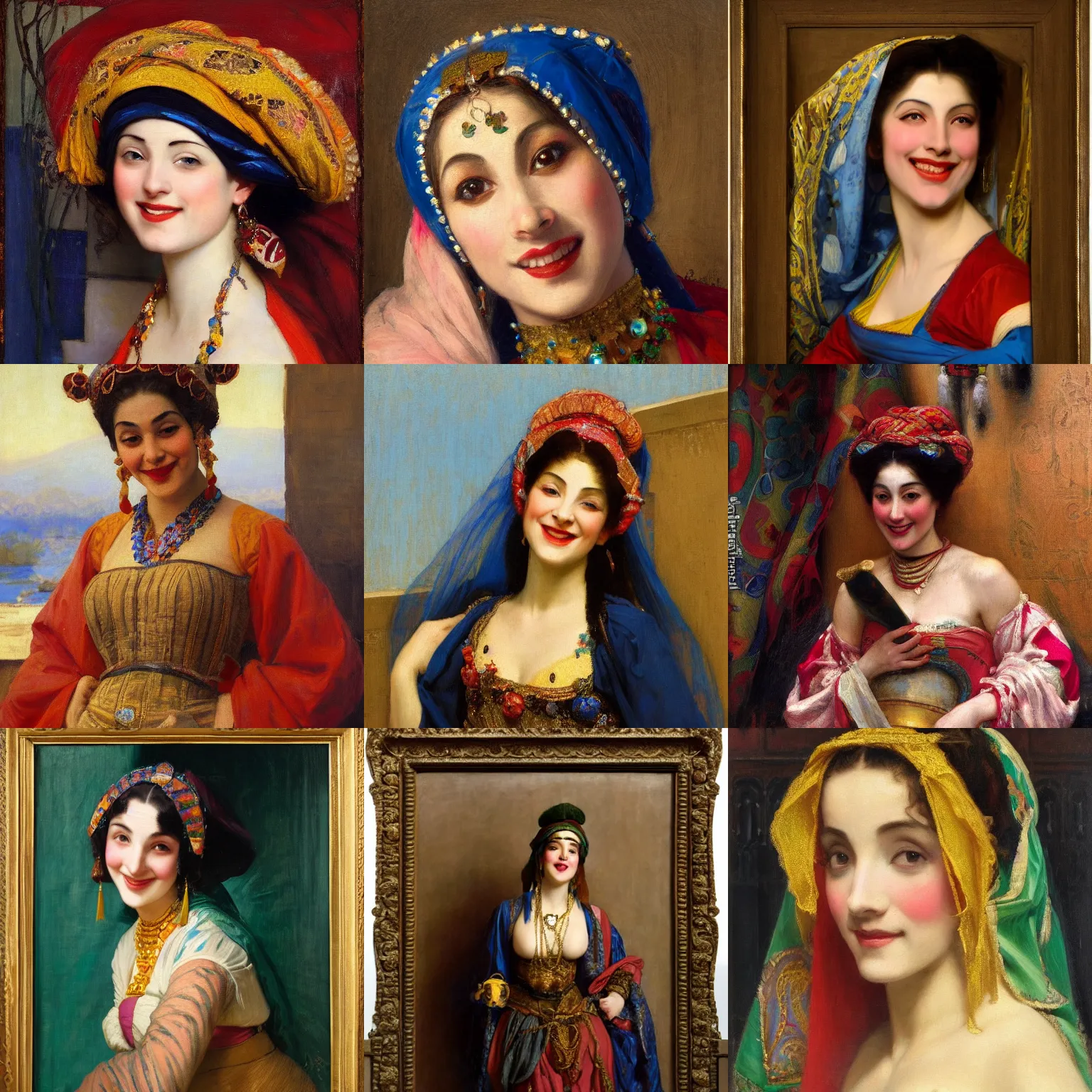 Prompt: orientalism painting of a beautiful female jester smiling by edwin longsden long and theodore ralli and nasreddine dinet and adam styka, masterful intricate art. oil on canvas, excellent lighting, high detail 8 k