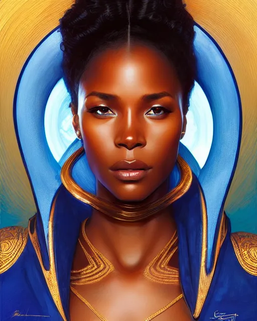 Image similar to Portrait of very very very very very very beautiful african woman, spacesuit, blue eyes, intricate, elegant, highly detailed, digital painting, artstation, concept art, smooth, sharp focus, illustration, art by artgerm and greg rutkowski and alphonse mucha