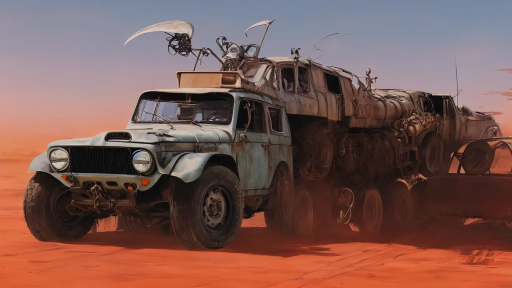 Prompt: illustration of mad max's fj 4 0 pursuit special, the last v 8 interceptor driving down to the gates of valhalla highway, fury road, eternal shiny and chrome, world of fire and blood, by makoto shinkai, ilya kuvshinov, lois van baarle, rossdraws, basquiat, studio ghibli, global illumination ray tracing hdr