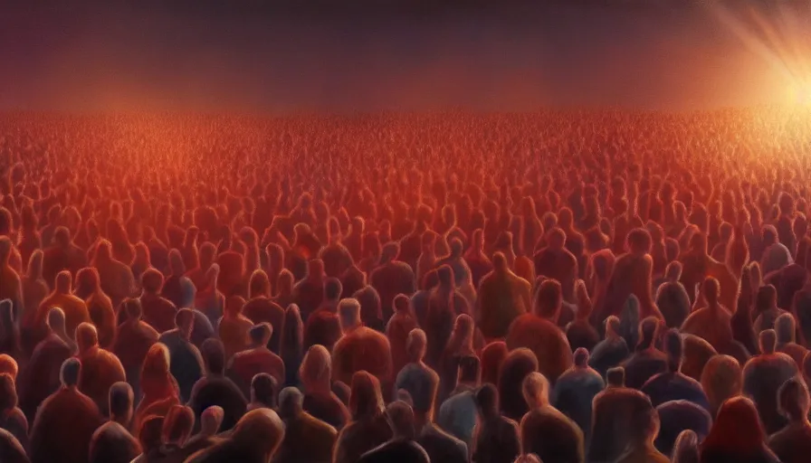 Image similar to painting of a crowd with extended arms towards glowing sky, volumetric lighting, nasty, hyperdetailed, realistic