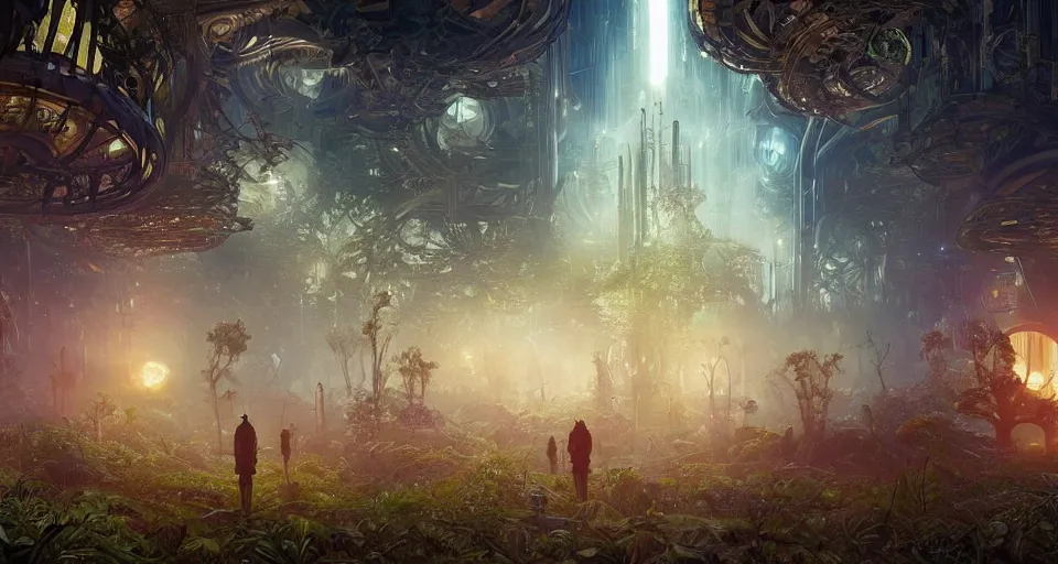 Image similar to Cyber space forest scene, Giant Aztec space city, fantasy, two moons lighting, intricate details ,by denis villeneuve, Ridley Scott, Greg Rutkowski and Alphonse Mucha