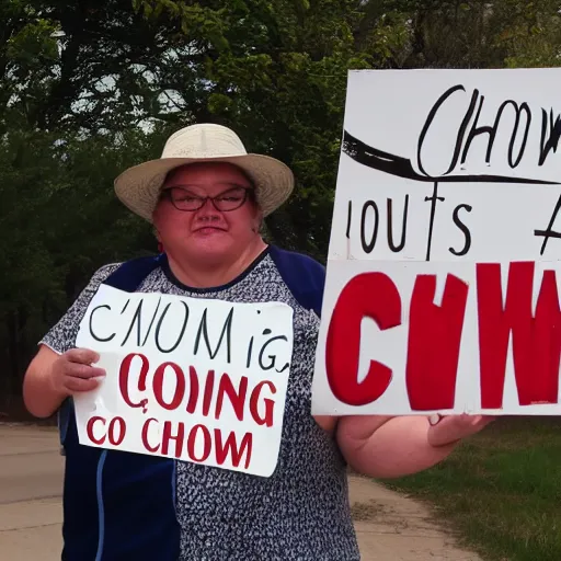 Image similar to A beautiful woman holding a sign that reads Chowning is a Fool.