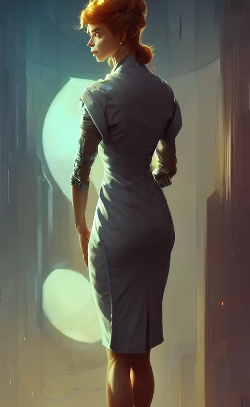 Image similar to Female in office dress, sci-fi, highly detailed, digital painting, artstation, concept art, smooth, sharp focus, illustration, art by artgerm and greg rutkowski and alphonse mucha