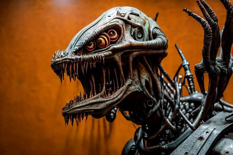 Image similar to wide angle photo taken of an epic intricate, ultra detailed, super realistic gritty, hero prop, exquisitely weathered animatronic movie prop of a lifelike sculpture of a nightmarish hellish alien creature displayed in the workshop, created by weta workshop, full body shot, photorealistic, sharp focus