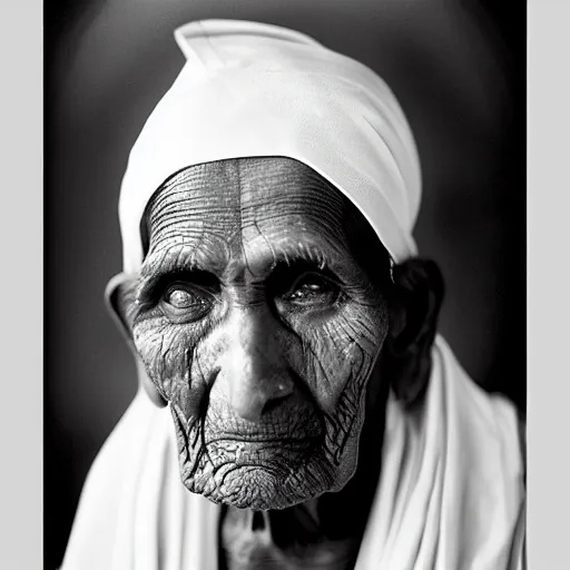Prompt: black and white photo, portrait of 100 year old Indian holy saint by richard avedon, realistic, Leica, medium format, cinematic lighting, wet plate photography, parallax, high resolution,