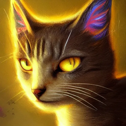 Prompt: a cat with a glowing angel halo, highly detailed, fantasy, concept art, large yellow eyes, smooth art, illustration; background of florals, nature; sharp focus, artstation, digital art, art by apofiss,
