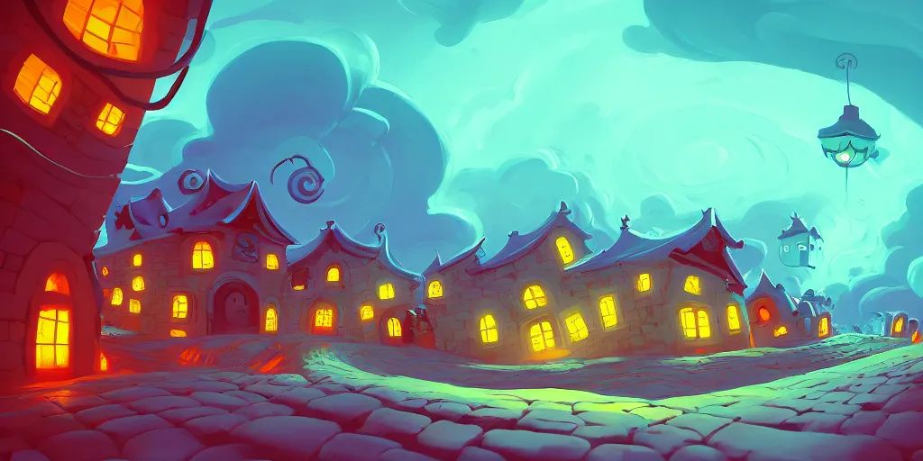 Image similar to curled perspective digital art of curvy clouds in a small village with a cobblestone street by anton fadeev from nightmare before christmas