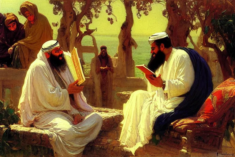 Image similar to the prophet mohammed reading salman rushdies book the satanic verses to a woman, being delighted and cheerful, whispering words of wisdom in solidarity, painted by frederick arthur bridgman, oil on canvas