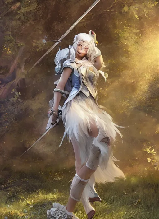 Image similar to ashe, from league of legends, shooting arrows with a silver bow, wearing fluffy bear skin, long skirt, hyper detailed, digital art, trending in artstation, cinematic lighting, studio quality, smooth render, unreal engine 5 rendered, octane rendered, art style by klimt and nixeu and ian sprigger and wlop and krenz cushart