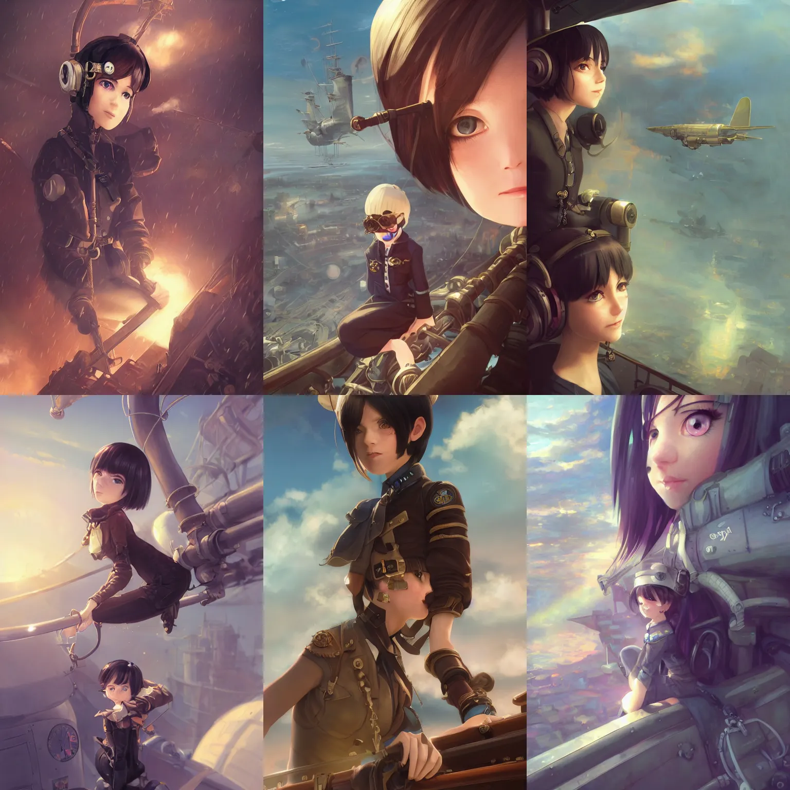 Prompt: a portrait of a cute female air pirate with black bob cut hair and eye patch, sitting on the railing of an airship, steampunk setting, gears, steam, mist, vivid colors, soft lighting, atmospheric, cinematic, moody, in the style of Ilya Kuvshinov and Range Murata, Krenz Cushart, oil on canvas, 8k