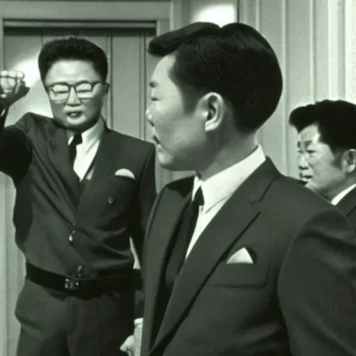 Prompt: Kim Jong-il in the role of James Bond, action filmstill, 1960s spy, Walther PPK