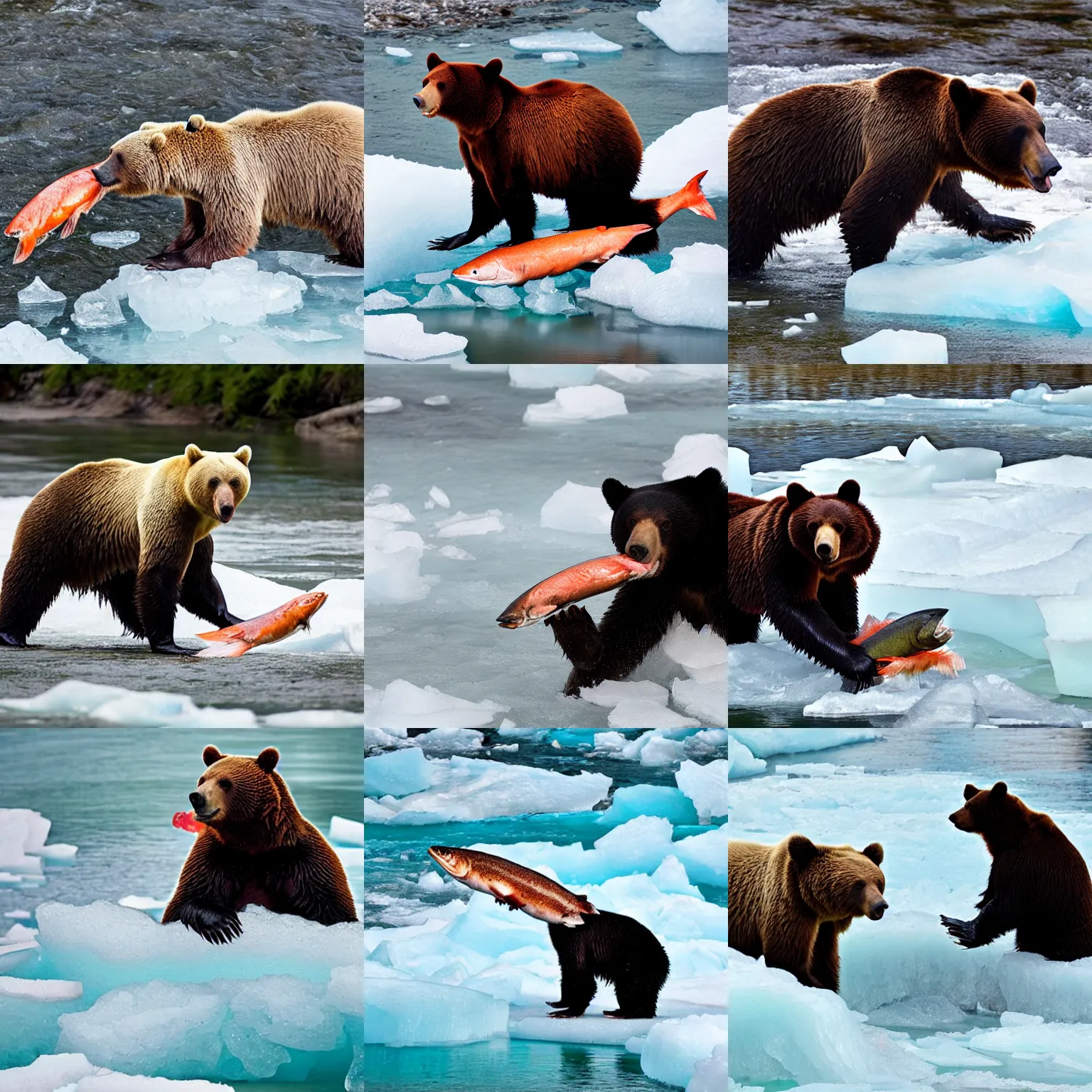 Prompt: a bear holding a salmon in its mouth over a flowing river of ice