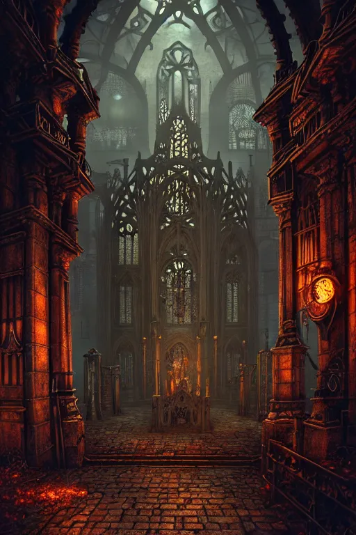 Image similar to steam necropolis, memento mori, gothic, neo - gothic, art nouveau, hyperdetailed copper patina medieval icon, stefan morrell, philippe druillet, ralph mcquarrie, concept art, steampunk, unreal engine, detailed intricate environment, octane render, moody atmospheric, volumetric lighting, photorealism