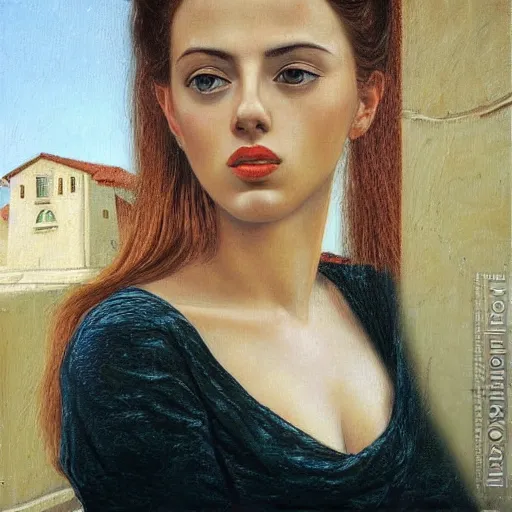 Image similar to a detailed side view portrait oil painting of a very young italian woman resembling scarlett johansson and ana de armas, by sandro boticelli, in the style of boticelli's young woman in mythological guise