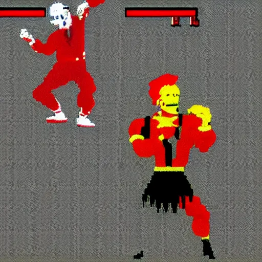 Prompt: screenshot of ronald mcdonald, white face, red afro, red nose and yellow outfit as fight enemy in 9 0's mortal kombat 3, mk 3, mortal kombat 3, sega genesis video game, upscaled to high resolution