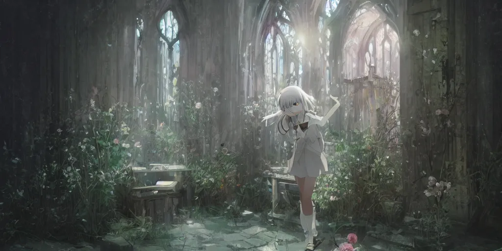 Image similar to anime kyoto animation key by greg rutkowski night, single white hair girl in abandoned chapel with overgrown flowers and plants