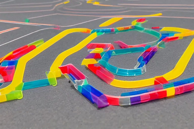 Image similar to windy racetrack made of translucent colorful plastic, miniature 85mm