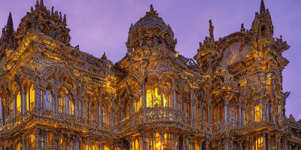 Image similar to extremely detailed ornate stunning sophisticated beautiful elegant victorian museum exterior by Henry Young Darracott Scott and Francis Fowke, stunning volumetric light, stainless steal, concrete, translucent material, beautiful sunset, tail lights