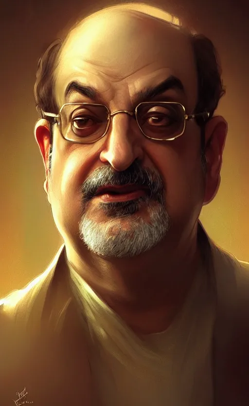 Image similar to portrait of salman rushdie, deep focus, d & d, fantasy, intricate, elegant, highly detailed, digital painting, artstation, concept art, matte, sharp focus, illustration, art by artgerm and greg rutkowski and alphonse mucha