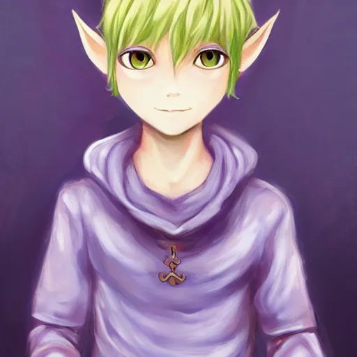 Image similar to little elf boy, purple tunic, blonde hair. light color palate, detailed soft painting, made in abyss art style, anatomically correct