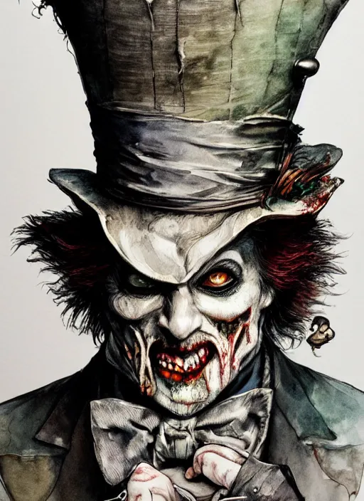 Image similar to portrait, Zombified mad hatter eating the white rabbit, watercolor, dramatic lighting, cinematic, establishing shot, extremly high detail, foto realistic, cinematic lighting, pen and ink, intricate line drawings, by Yoshitaka Amano, Ruan Jia, Kentaro Miura, Artgerm, post processed, concept art, artstation, matte painting, style by eddie mendoza, raphael lacoste, alex ross