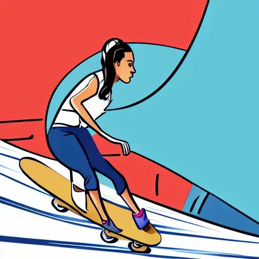 Image similar to modern stylized illustration of a girl riding a skateboard with one leg up and the other on the deck going fast, side view