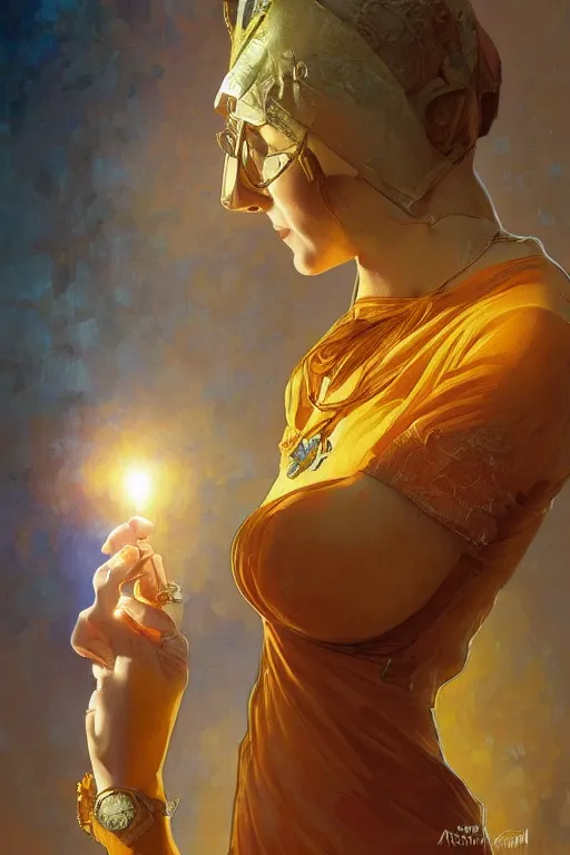 Image similar to portrait of tinfoil hat man in orange t - shirt behind his wife, feelings, romantic, fantasy, intricate, elegant, highly detailed, digital painting, artstation, concept art, smooth, sharp focus, illustration, art by artgerm and greg rutkowski and alphonse mucha