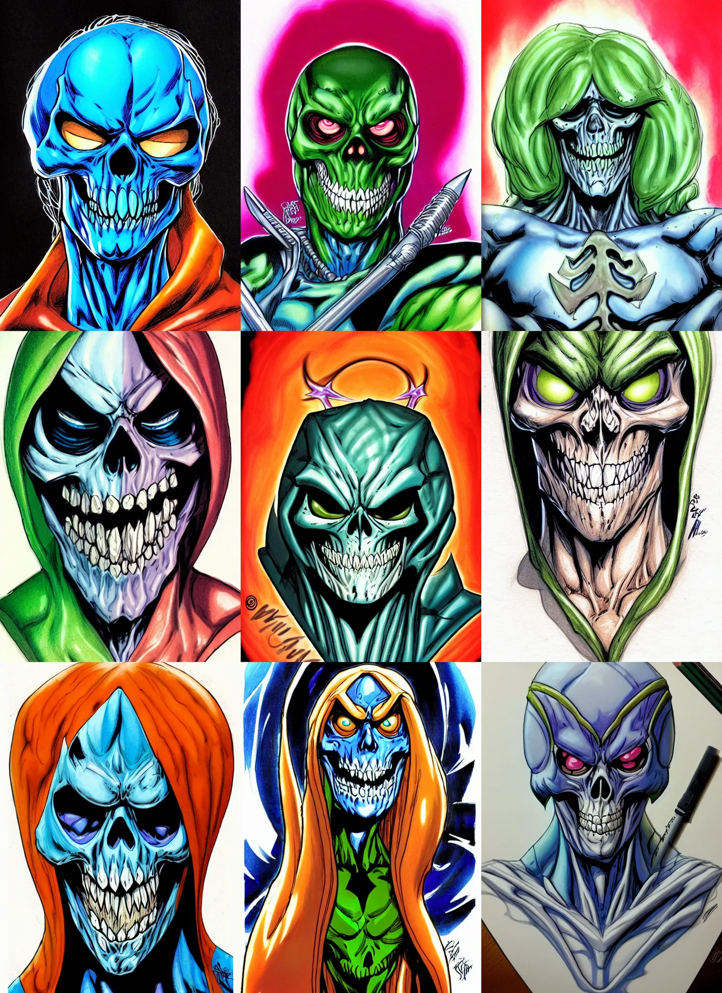 Prompt: macro head shot centered ink colored airbrushed gouache sketch by phil jimenez!!!!!!!! centered symmetrical headshot of crazy maniac skeletor in the style ofj scott campbell