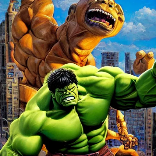Prompt: the hulk fighting a robot beaver, oil on canvas, epic, intricate, full scene, 8 k highly professionally detailed, hdr, joe jusko