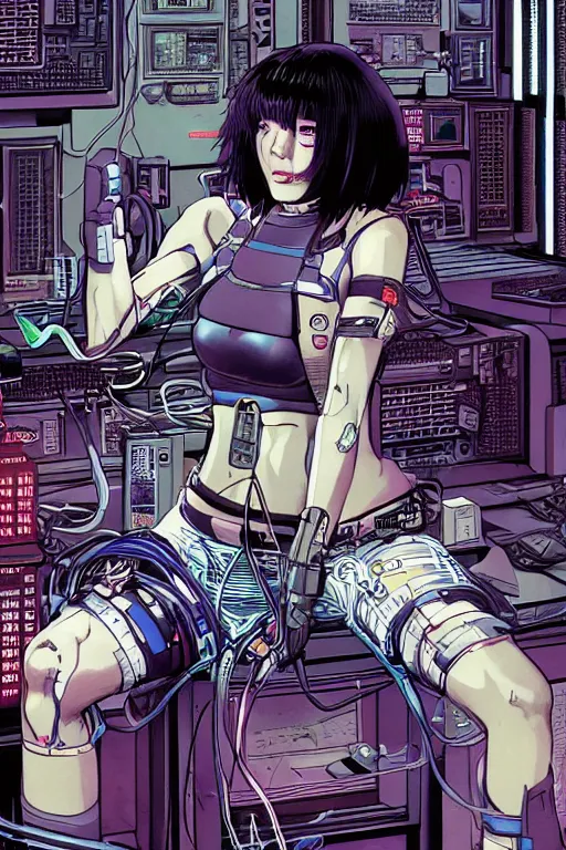 Image similar to hypedetailed cyberpunk illustration of motoko kusanagi seated in the lab, with wires and cables coming out of her head and back, by masamune shirow and katsuhiro otomo, colorful, detailed, back view