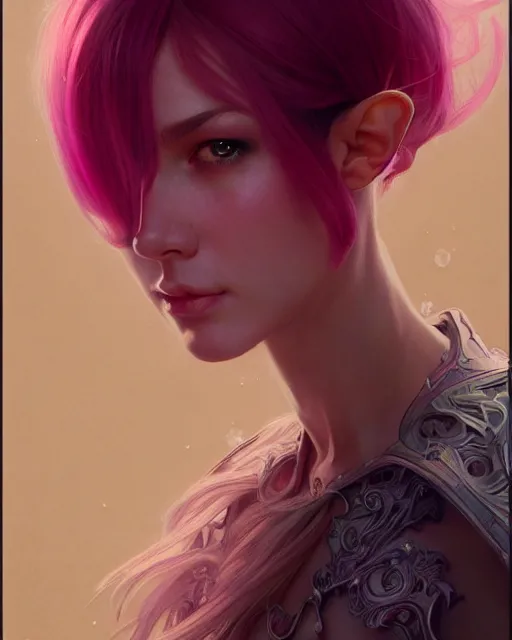 Image similar to portrait of pink layered bob half elf, intricate, elegant, highly detailed, digital painting, artstation, concept art, smooth, sharp focus, illustration, art by artgerm and greg rutkowski and alphonse mucha and uang guangjian and gil elvgren and sachin teng and wlop, symmetry