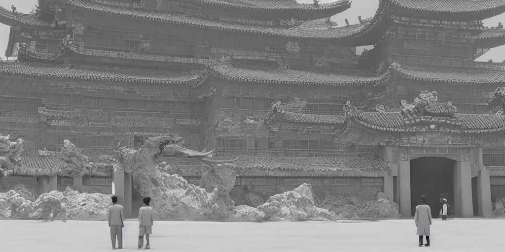 Image similar to light coming out of one bull - like kaiju starfish monster, korean film noir, korean traditional palace, pyongyang city, 1 9 6 0 s, red color bleed, 4 k, video compression, video glitch, monochrome, akira kurosawa, mamoru oshii, wes anderson, stanley kubrick