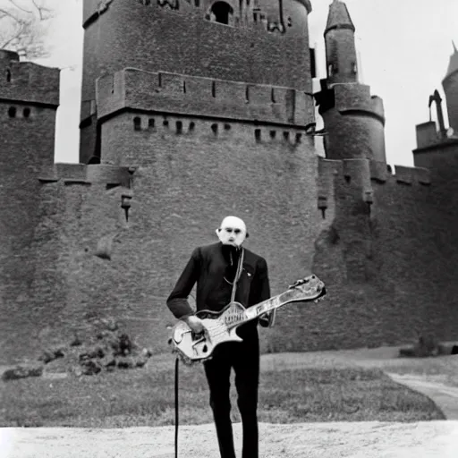 Image similar to vintage photograph of count orlok outside his castle, playing the blues on guitar, castle in the background, 4 k