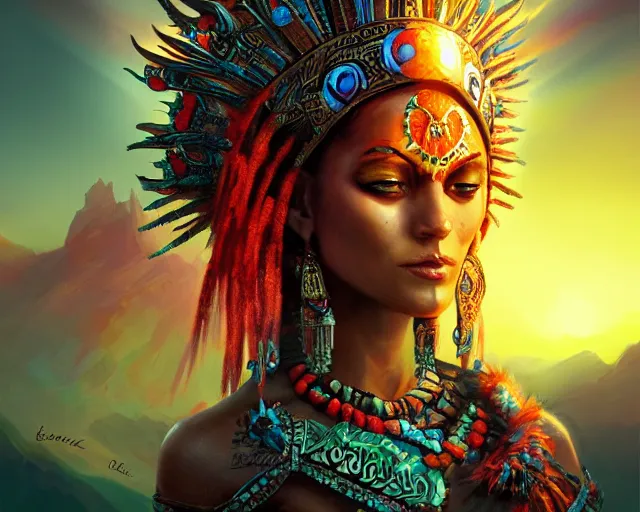 Image similar to aztec sun goddess, vivid colors, dark shadows, contrast, concept art, sharp focus, digital art, Hyper-realistic, 4K, Unreal Engine, Highly Detailed, Dramatic Lighting, Beautiful, by Brom, bastien lecouffe-deharme