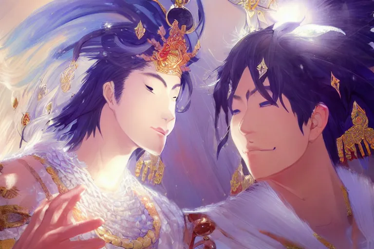 Image similar to close up moment of a divine a japan sun god and a moon goddess lovers magician at a wedding banquet, highly detailed, d & d, fantasy, 4 k realistic, digital painting, trending on artstation, concept art, sharp focus, illustration, art by makoto shinkai and akihiko yoshida and daniel gerhartz