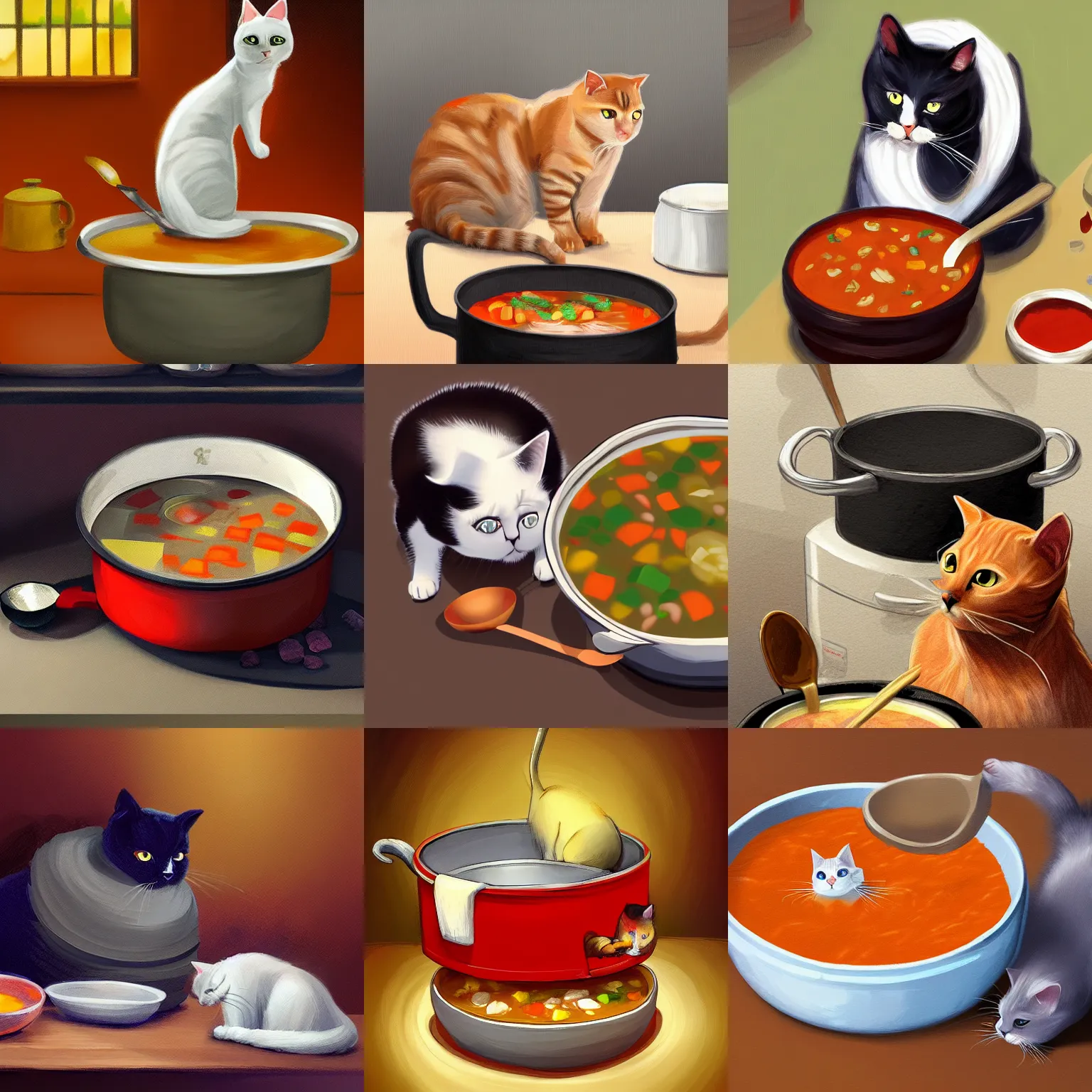 Prompt: the cat making a pot of soup, digital painting, trending in Artstation, artstationHD, 4k