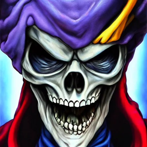 Prompt: ultra realistic portrait painting of skeletor as a jester, art by akira toriyama, 4 k, dragon ball artstyle, cel shaded, highly detailed, epic lighting