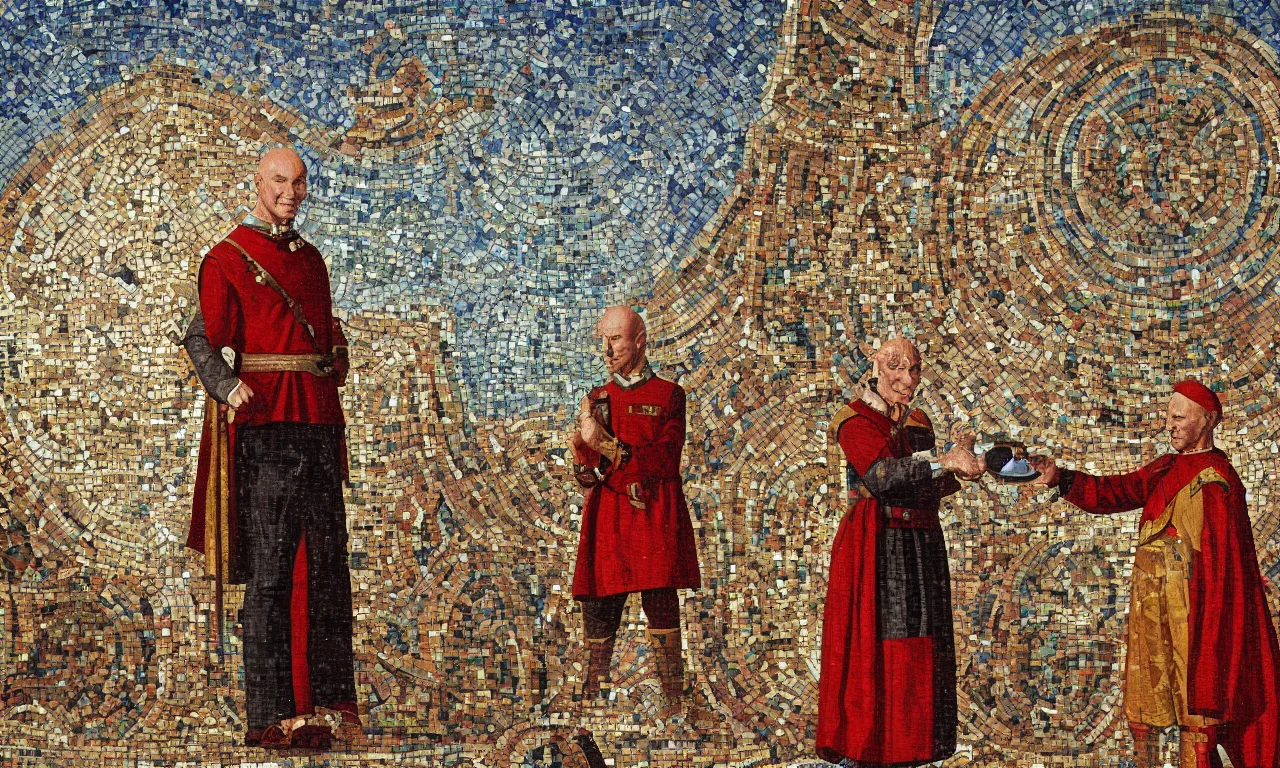 Image similar to Captain Picard presents The Federation medal at the garden of the great palace of Constantinople's mosaics, digital art, 3d, perfect lighting, natural, colourful