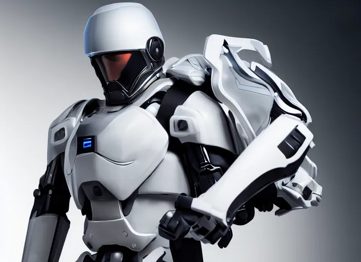 Prompt: cinematic photoshoot of clean modern hand crafted super futuristic tech soldier with exo suit pro display xpr luxury smooth color metal white silver with black leather padding well design ultrareallistic detailed high quality 8 k photorealistic ultra realistic