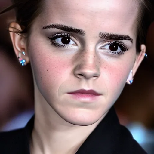 Image similar to photo of emma watson looking disgusted, disappointed, disproving, detailed face, staring in the camera, hd