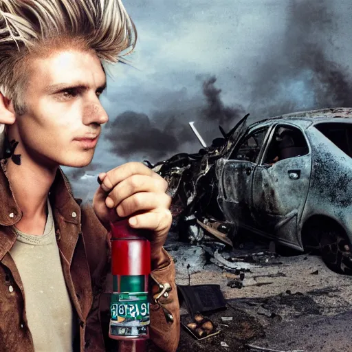 Image similar to a skinny high-fantasy elf with a long face narrow chin and spiky blonde hair wearing dark brown overalls and holding a bomb next to a destroyed car, gel spiked hair, high resolution film still, HDR color