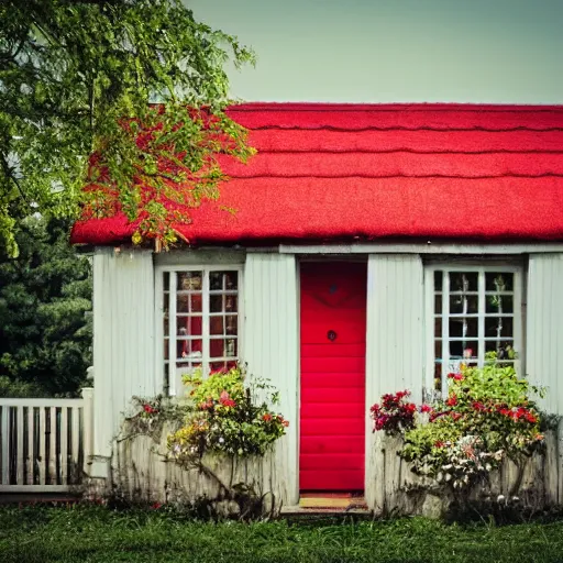 Prompt: small cottage with red shutters, photography, dreamy, spring