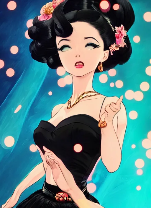 Image similar to a beautiful dancer with black hair in 1950's fashion, ballroom background, intricate, highly detailed, digital painting, artstation, official media, anime key visual, concept art, rich vivid colors, ambient lighting, sharp focus, illustration, art by Artgerm, Makoto Shinkai, Ilya Kuvshinov, Lois Van Baarle, and Rossdraws