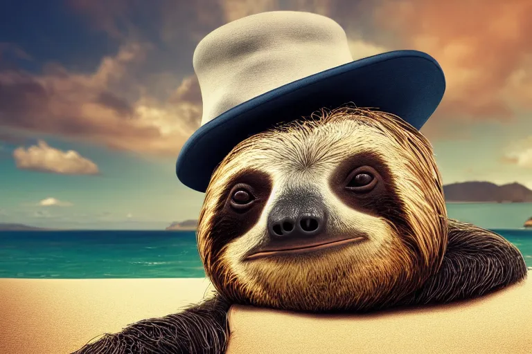 Prompt: a sloth wearing a captains hat relaxing on a coromandel beach in new zealand, beach bar, party, award winning, vibrant, highly realistic, digital art, artstation, deviantart, hd, octane render, 4k
