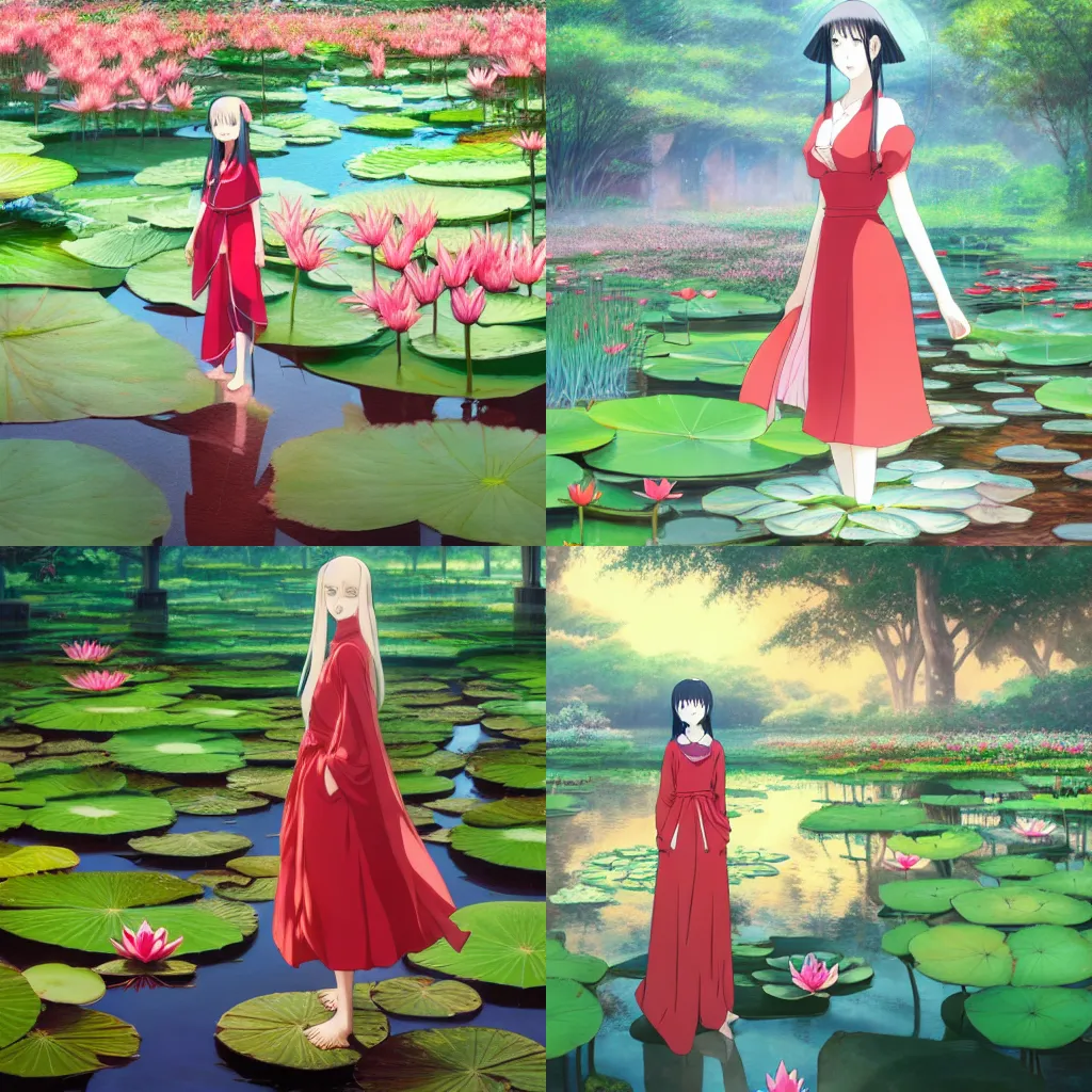 Prompt: a girl standing inside a botanical garden filled with water and red lotus by Hayao Miyazaki, well lit, digital art, beautiful painting, award winning, high quality, anime visual, 4k hd, ranking number 1 on pixiv, masterpiece.