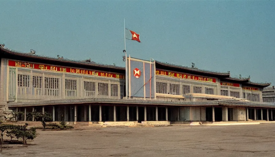 Image similar to 70s movie still of empty north-korean royal restaurant palace with propaganda fresco, post-stalinist style, eastmancolor, heavy grain, high quality, higly detailed