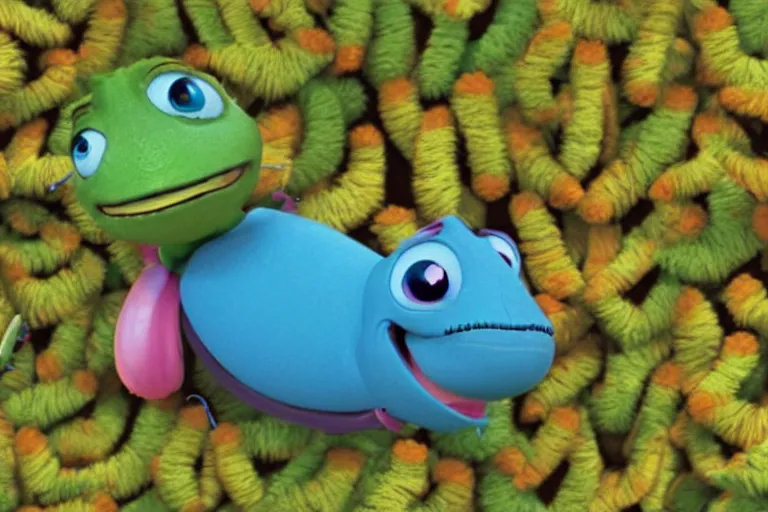 Image similar to disney pixar's a bug's life, cgi caterpillar colorful, furry caterpillar