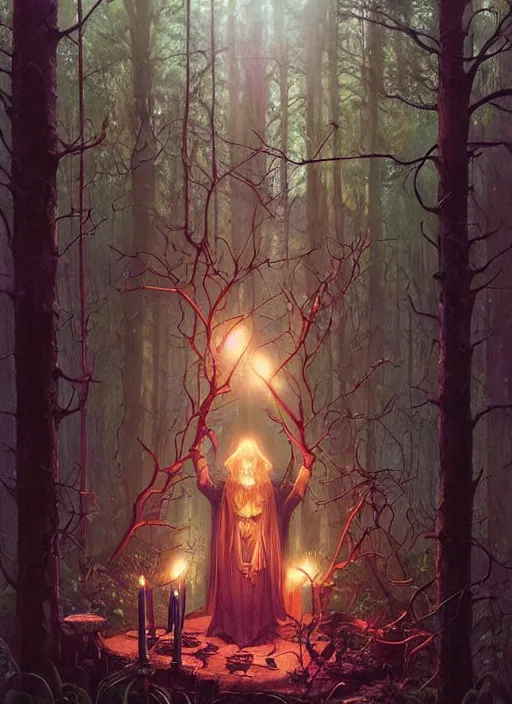 Prompt: a hyper realistic witch shrine, candles, in the woods, distant explosions, gorgeous lighting, lush forest foliage, painting by chiara bautista and tom bagshaw, mucha, beksinski and norman rockwell and greg rutkowski weta studio, and lucasfilm